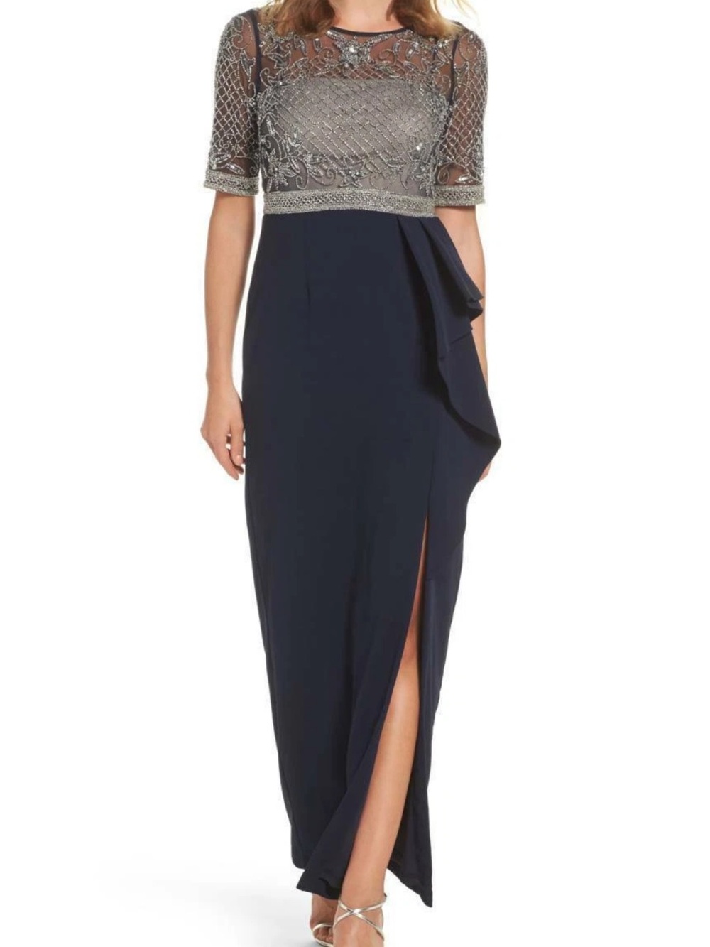 Adrianna Papell Navy Evening Gown with Silver Beaded Bodice